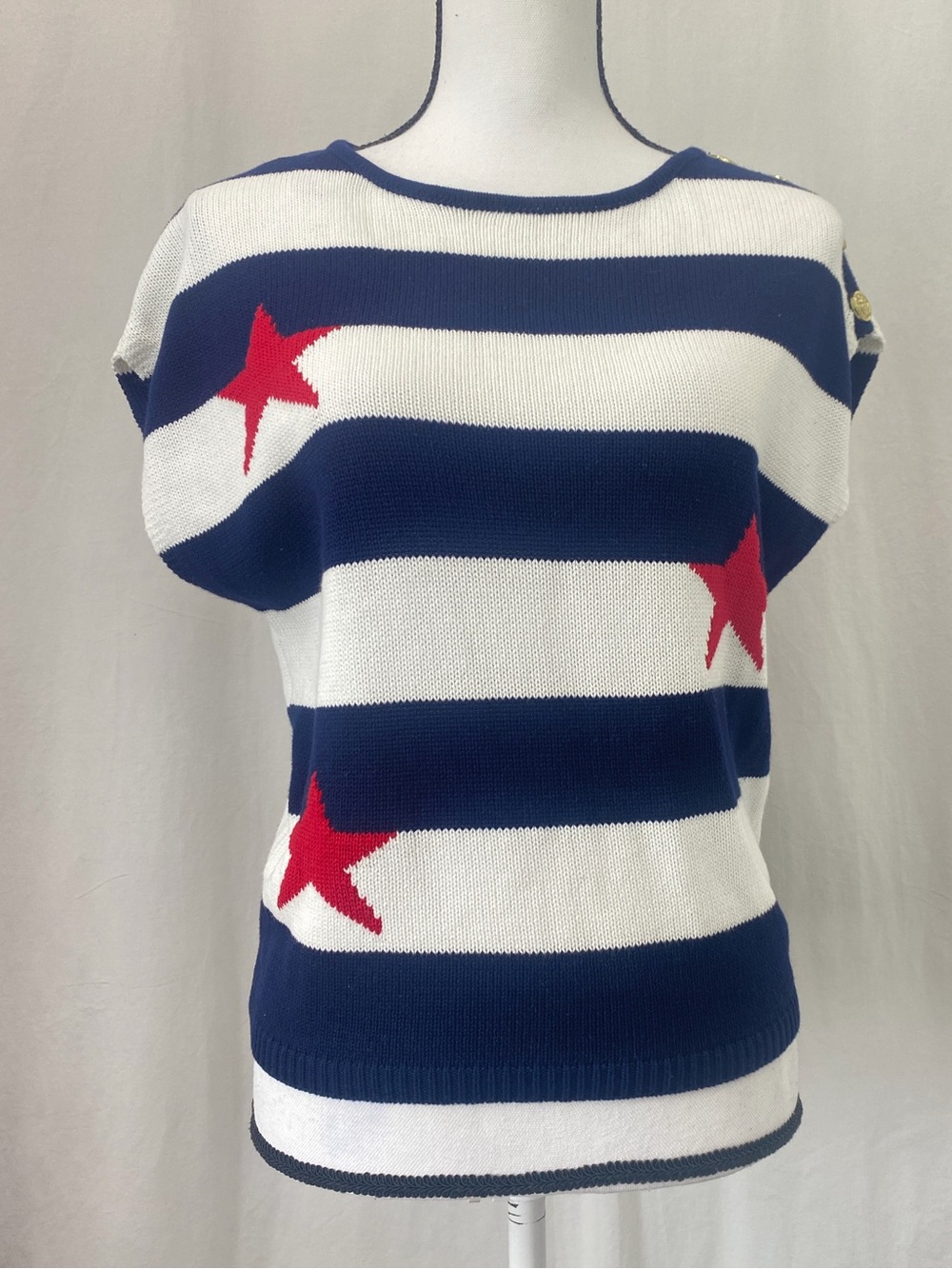 Brit.NY Navy White Striped Cotton Knit Top Red Star Gold Buttons Nautical MEDIUM